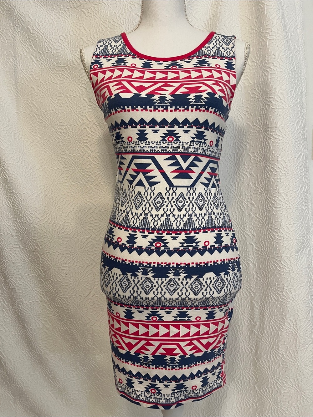 Lascana Sleeveless Aztec-Print Shift Dress in Navy, White & Red